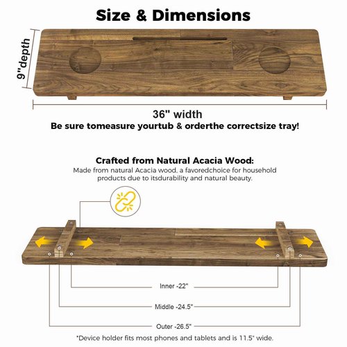 Mopzilqvur Premium Bathtub Tray for Freestanding Bath, Large & Thick 35” Acacia Wood Luxury Bath Tray for Tub， Anti-Tip, Non-Toxic, Adjustable Bathtub Trays for Tub with Bathroom Accessories Holder