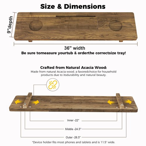 Premium Bathtub Tray Caddy, Solid Acacia Wood Bath Tray for Tub, Adjustable Bath Tub Tray for Freestanding Tubs, Anti-Tipping, Sustainable Tub Tray, Holder for Tablet with Book and Wine Glass Holder