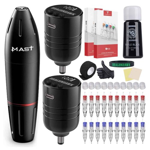 Dragonhawk Tattoo Gun Wireless Complete Tattoo Kit Beginner Tattoo Machine Kit 2 Batteries Tattoo Power Supply Pro Cartridges Tattoo Kit