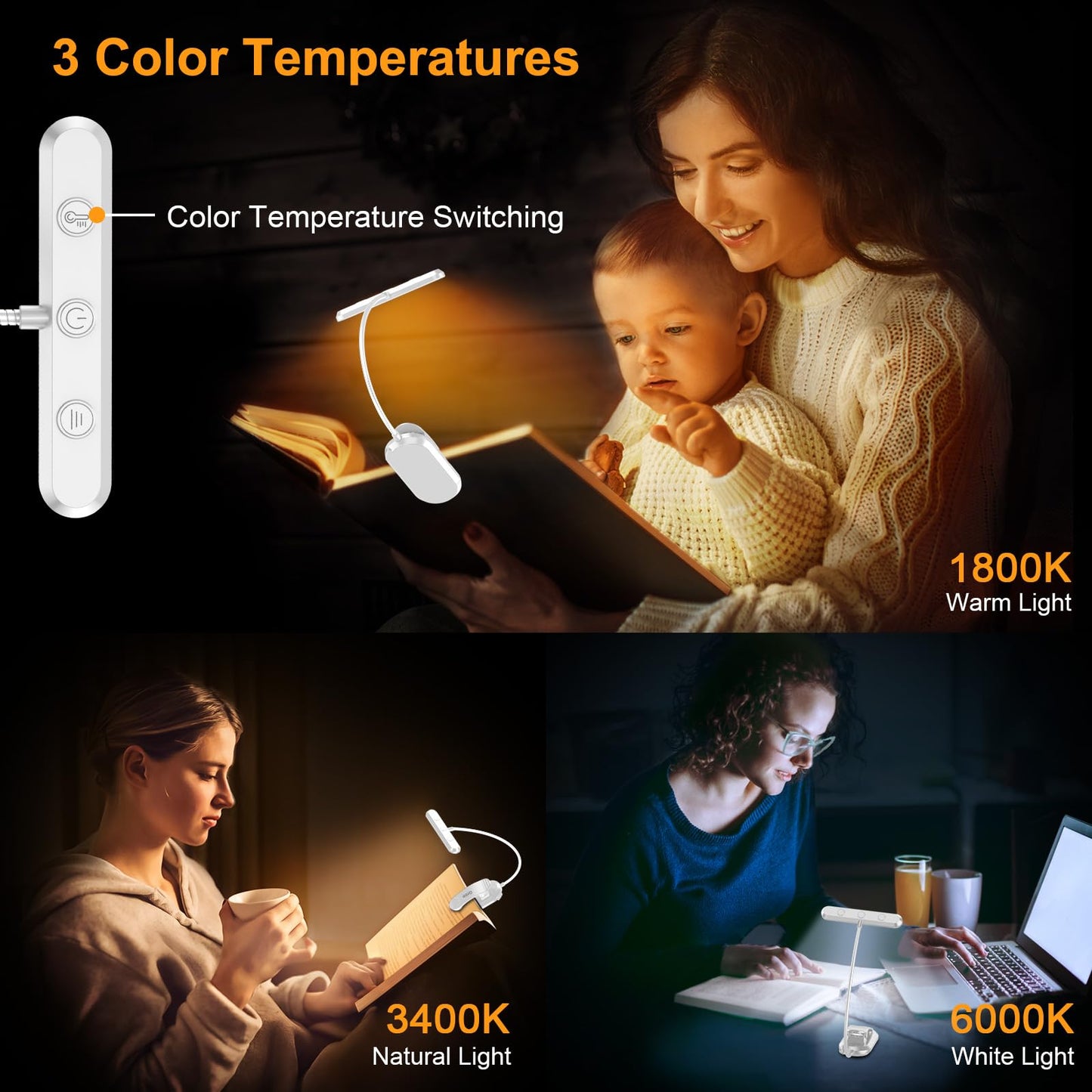 Gritin Rechargeable Book Light for Reading in Bed with 19 LED &Memory Function-Eye Caring 3 Color Temperatures,5 Brightness Levels,80 Hrs Runtime Flexible Goose Neck Clip on Light-White