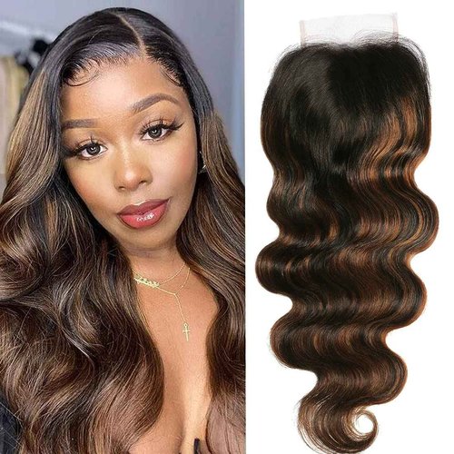 UNICE Ombre Highlight Body Wave 4x4 Lace Closure Free Part, Brown Human Hair Wavy Closure with Dark Roots FB30 Color 14 inch