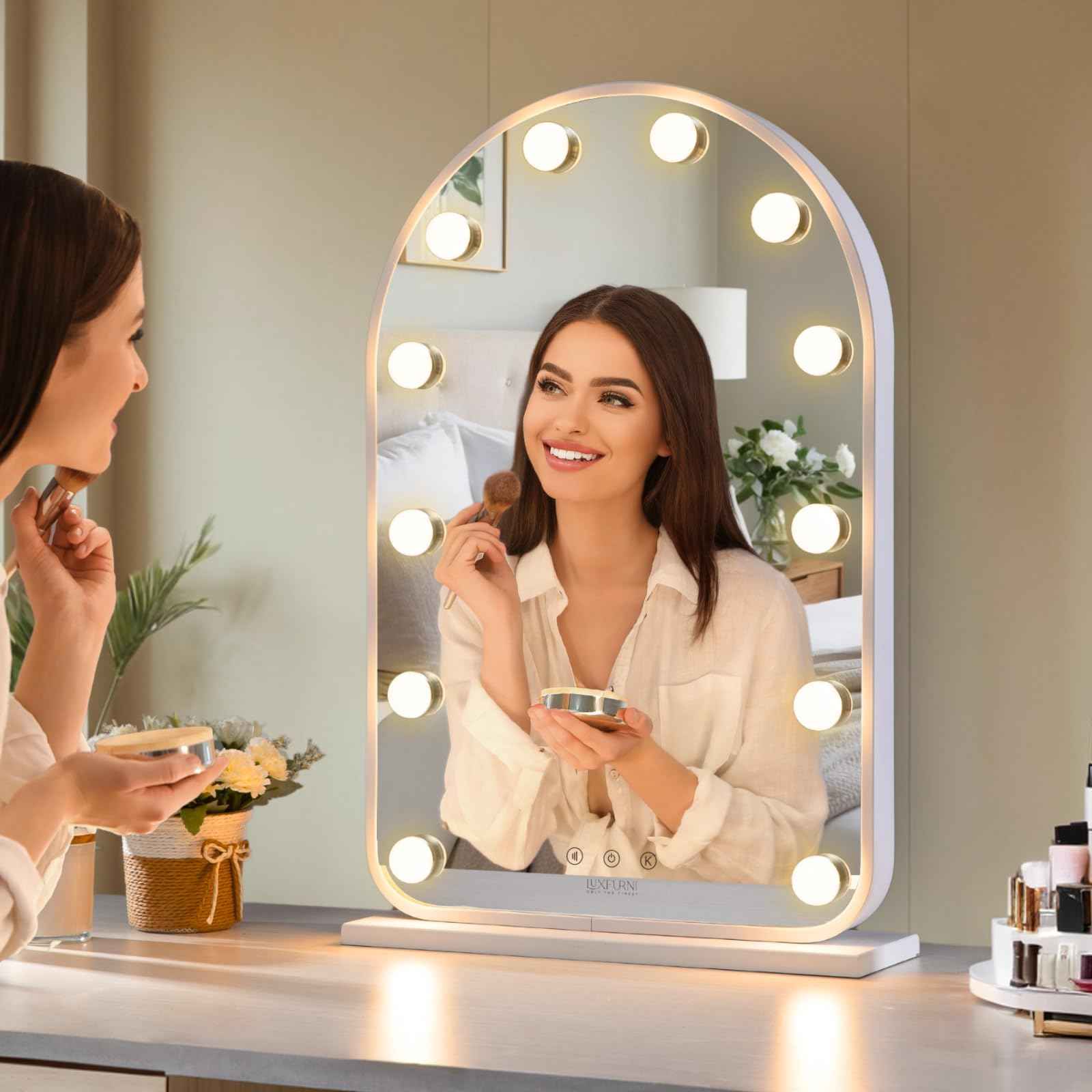 LUXFURNI Vanity Mirror with Lights, 24.5" x 15.8" Arched LED Makeup Mirror, Lighted Hollywood Mirror with Lights, Smart Touch Control Dimmable 3 Modes Light, White