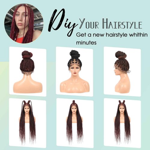 Fecihor 360° HD Full Lace Knotless Braided Wigs for Women Box Braid Wig with Baby Hair Premium Synthetic Natural Looking Burgundy Braided Lace Front Wigs 36 Inch