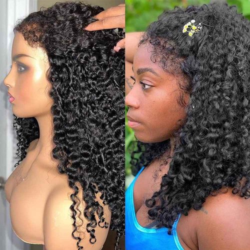 Youleas 180% Density 13x4 Kinky Curly Edges Baby Hair Lace Wig Deep Wave Curly Lace Front Human Hair Wigs Kinky Curly Edges Hairline Transparent HD Lace Frontal Wig (16inches)