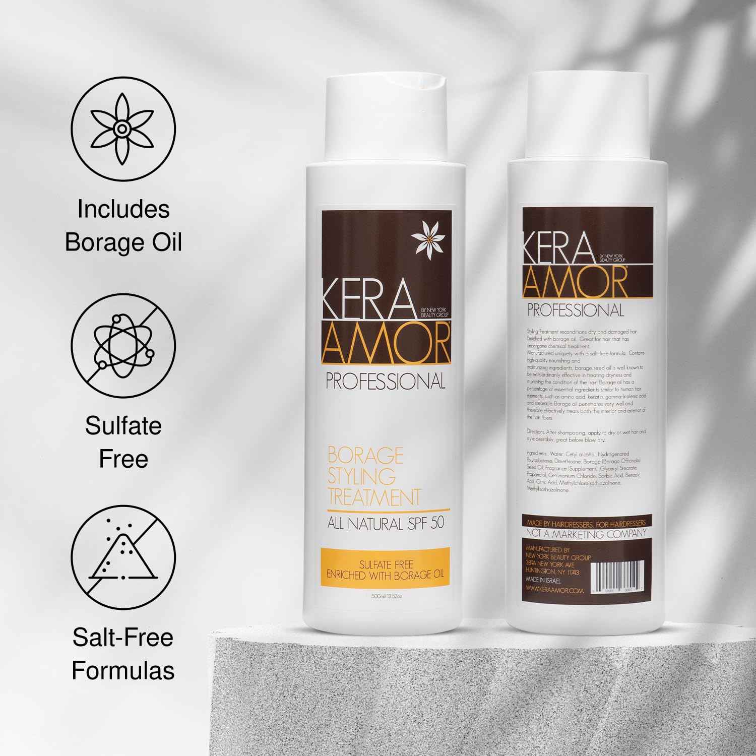 KeraAmor Professional Borage Styling Treatment - All-Natural SPF 50 - Sulfate-Free with Borage Oil - Restoring Chemically Treated Hair - 500ml