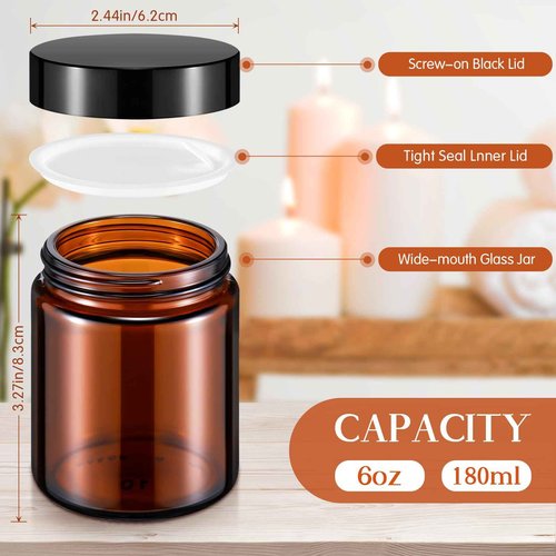 Domensi 48 Pcs 6oz Glass Jars with Lids Leakproof Round Airtight Empty Cosmetic Jars with Inner Liners Lid for Storing Lotions Spices Ointments Candle Making Food Storage (Amber)