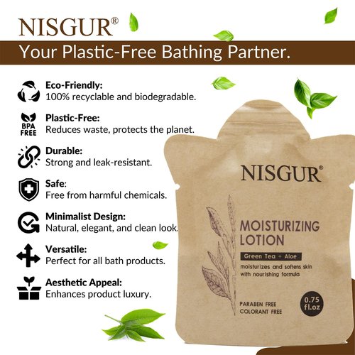 NISGUR Travel Size Body Wash Bulk 0.75 oz 200 Pack Eco Hotel Bath Gel Kraft Paper Pouch Travel Shower Gel Aloe and Green Tea Extract Infused Hotel Supplies and Toiletries for Guest