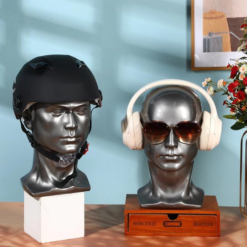Geetery 2 Pcs Large Male Mannequin Head PVC Manikin Professional Man Head Model Silver Grey Display Stand for Display Wigs, Mask, Headset, Headphone, Hats, Jewelry, Hair, Glasses