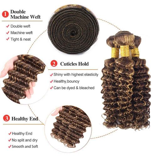 Dokksiiia 26 28 30 Inch Ombre P4/27 Deep Wave Human Hair Bundles Highlight Piano Color Dark Brown and Honey Blonde Bundles Brazilian Human Hair Sew-In Weave Extensions Soft & Thick