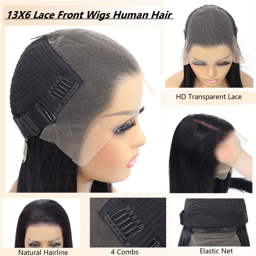 13x6 Lace Front Wigs Human Hair 250% Density Straight HD Transparent Lace Front Human Hair Wigs for Women 13x6 Straight Wigs Brazilian Wigs Human Hair Natural Color(straight wigs, 24 Inch)