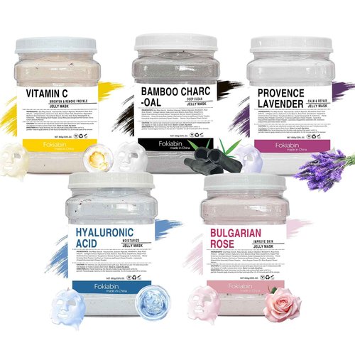 Fokiabin Jelly Mask for Facials Professional Hydrating Deep Cleaning Face Mask Set - 115Fl Oz 5 Treatments (Hyaluronic Acid,Bulgari Rose, Bamboo Charcoal,Lavender Essence,VC Essence)