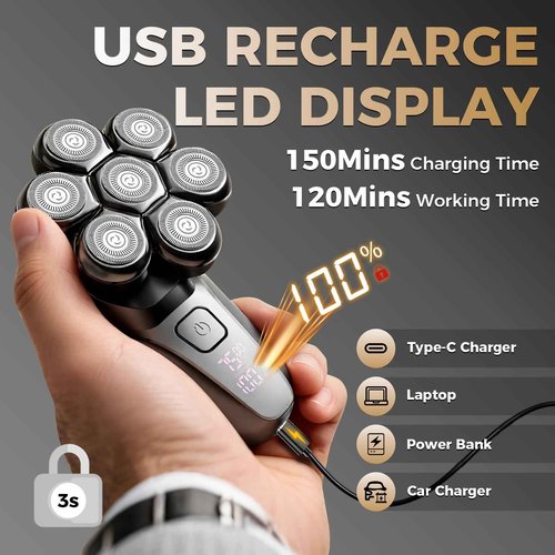 Ufree 7D Rotating Head Shaver for Bald Men, Magnetic Detachable Blades, IPX7 Waterproof Electric Razor, Head Face Beard Trimmer Grooming Kit with USB Fast Charge, Smart LED Display, Mens Gifts
