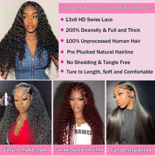 ANLILI 28 Inch Deep Wave Lace Front Wigs Human Hair 13x6 Deep Wave Wigs Human Hair 200% Density HD Lace Frontal Wigs for Balck Women Pre Plucked Glueless Deep Curly Wig Natural Black