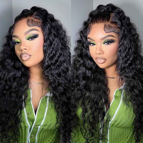 GCTGCT 32 Inch 13x6 Deep Wave Lace Front Wigs Human Hair Pre Plucked 13x6 HD Transparent Lace Frontal Wigs for Women Deep Curly Human Hair Lace Front Wigs with Baby Hair 180% Density Natural Black ﻿