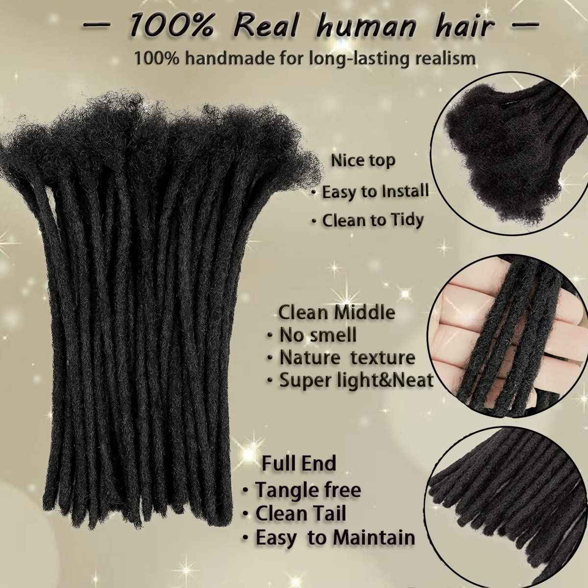 Loc Extension Human Hair 60 Strands 0.8cm Width 8inch 100% Full Handmade Permanent Dreadlock Extension Human Hair for Women/Men Can Be Dyed Bleached Curled (Width 0.8cm Natual Black)