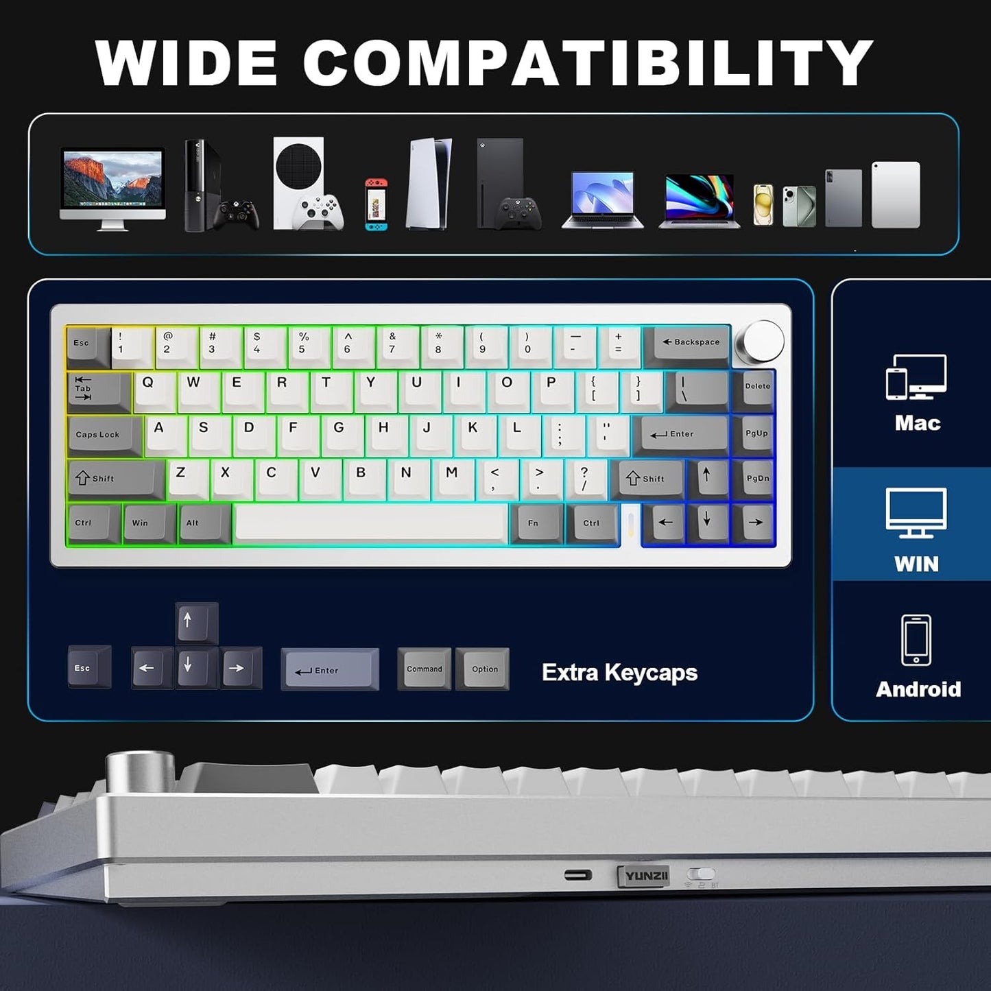 YUNZII AL68 Wireless Mechanical Keyboard,Full Aluminum CNC,60% Layout with Knob, QMK/VIA Software,Gasket Mounted,Hot Swappable,RGB Backlit,BT/2.4G/USB-C for Mac/Win (Black, Milk V2)