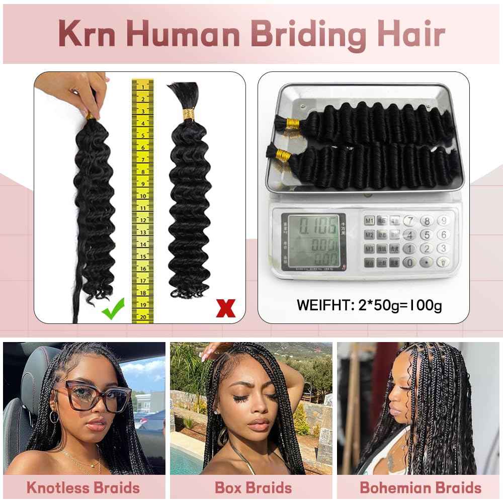 KRN 4/27 Braiding Hair Deep Wave Bulk Human Braiding Hair 2 Bundles/Pack 100g Curly Hair for Boho Braids 12A Salt And Pepper Braiding Human Hair No Weft Wet and Wavy Braiding Hair Extensions 24 Inch