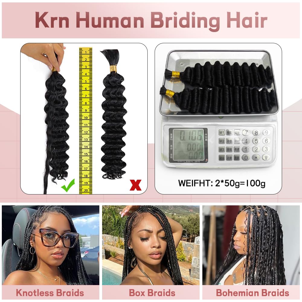 KRN Grey Deep Wave Bulk Human Braiding Hair 2 Bundles/Pack 100g Curly for Boho Braids 12A Salt And Pepper No Weft Wet and Wavy Gray 18Inch