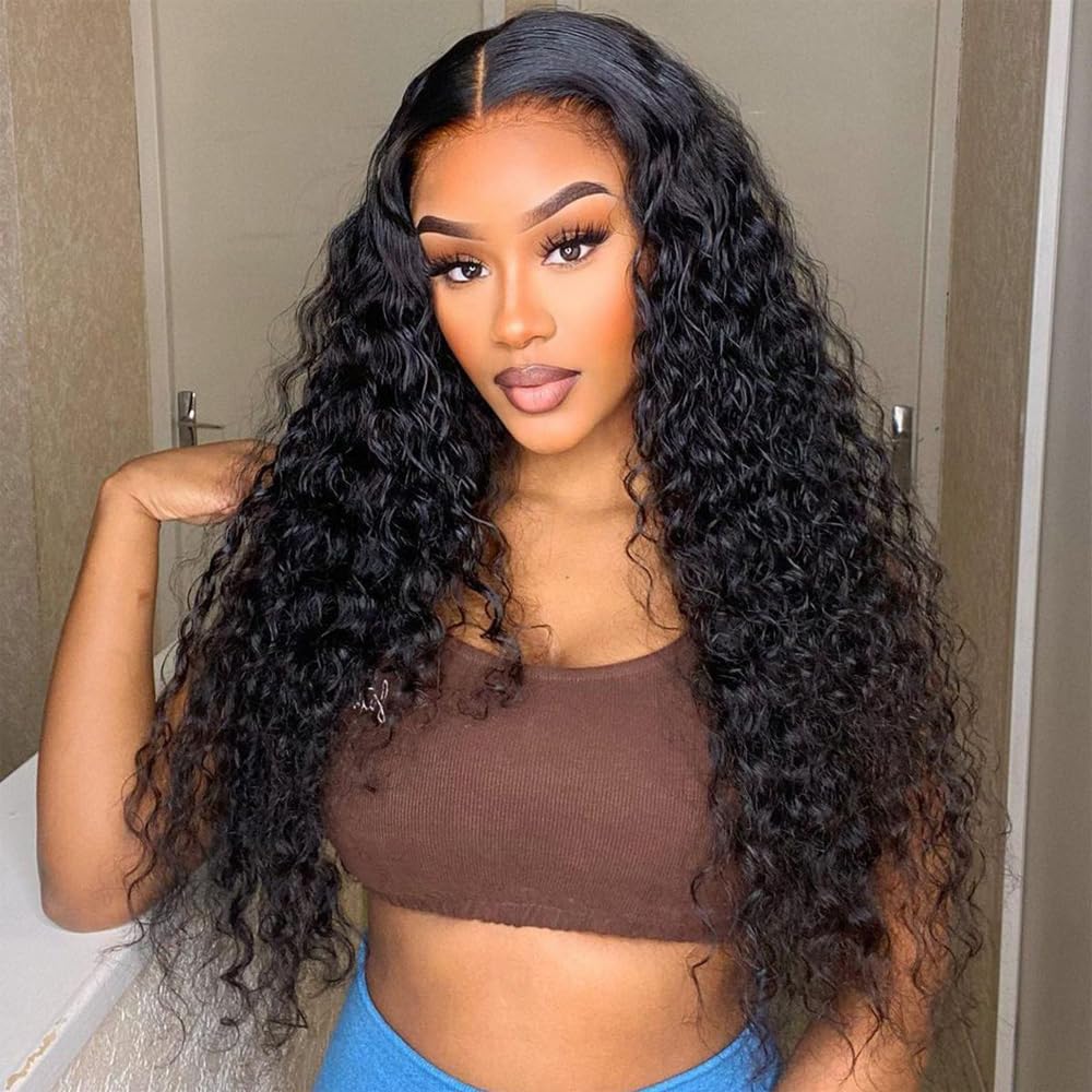 Pinketer Glueless Wigs Human Hair Pre Cut 5x5 Lace Closure Deep Wave Wig 180% Density Wear and Go Human Hair Curly Wigs for Black Women Natural Black Color Small Head Friendly 28Inch