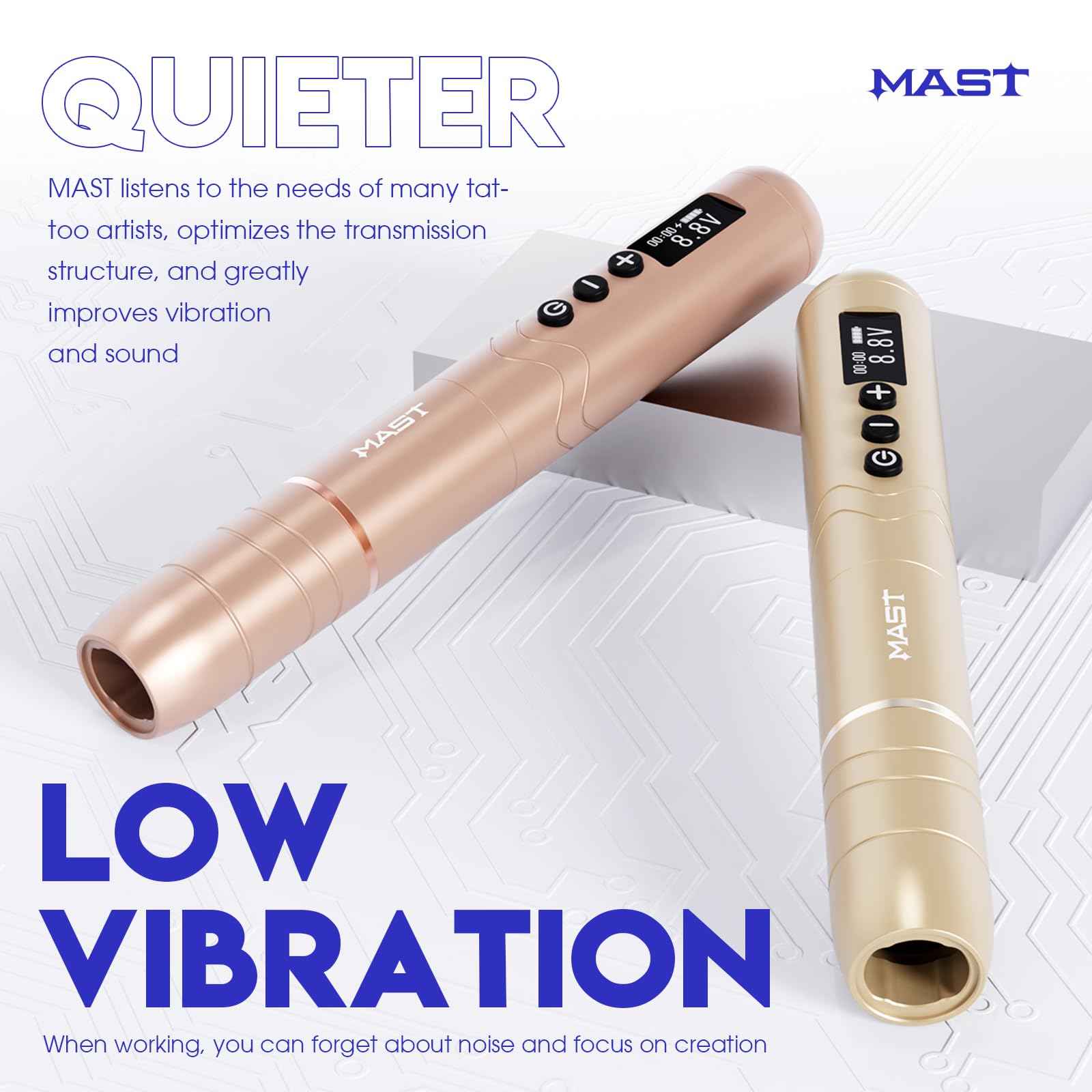 Mast Nano2 Tattoo Gun Cordless Tattoo Machine, 2 Batteries Power Supply, Super Light 66g, 1100mAh for 4 Hours (Champagne Gold)