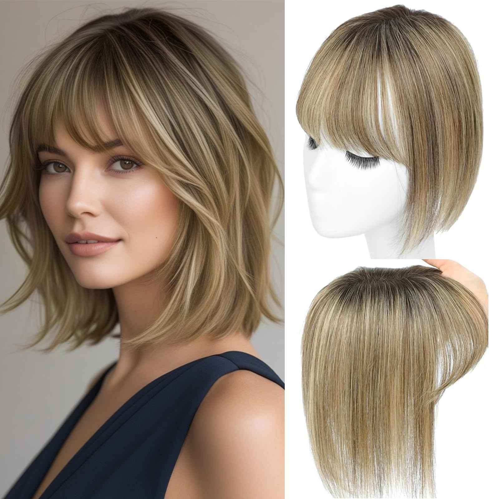 Human Hair Toppers with Bangs Hair Toppers for Women Remy Human Hair Hand-stitched 360°3D Coverage Natural for Thinning HairPieces for Women with Thinning Hair Swiss Base(4T4/27#)