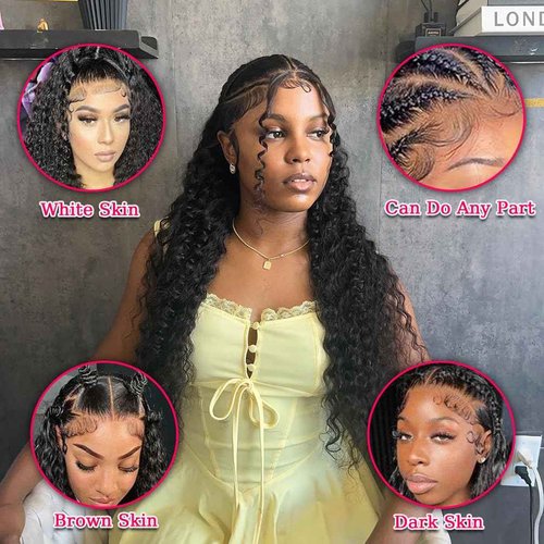 PXCPXC Deep Wave Frontal Wigs 180 Density 13x6 HD Lace Front Wigs Human Hair Pre Plucked with Baby Hair Transparent Glueless Brazilian Deep Wave Frontal Wigs for Women Natural Black Color(26inch)