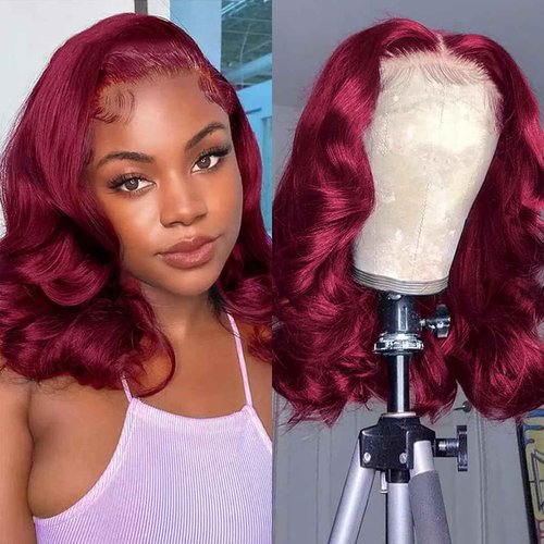 mmiQus 14 Inch Burgundy Bob Wig Human Hair 13x6 99j Burgundy Lace Front Wigs Human Hair Bob Wigs For Black Women 200% Density 99j 13x6 Hd Transparent Lace Front Body Wave Wigs Pre Plucked Pre Cut