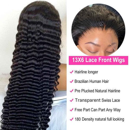 Ferzzon 13x6 Deep Wave Lace Front Wigs Lace Frontal Wigs Human Hair for Women Glueless Curly Lace Front Wig Curly Wig Pre Plucked with Baby Hair 180 Density Natural Color 30 Inch