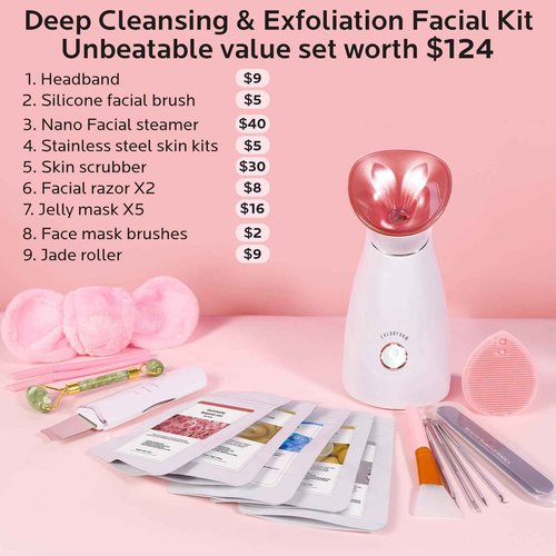 Colorfarm Facial Steamer Nano Ionic: Face Steamer Home Spa Kit Deep Cleaning Unclogs Pores Sinuses Inhaler with 8 Skin Care Tools - Self Care Gifts for Women (Deep Cleansing Facial Kit)
