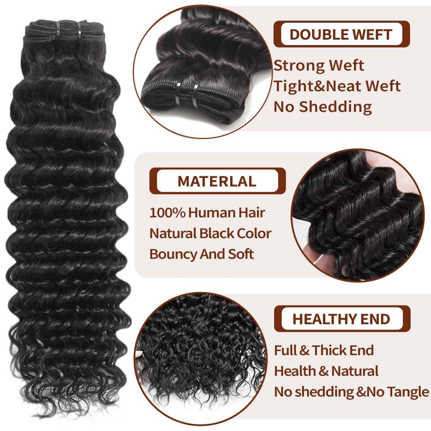 12A Deep Wave Bundles Human Hair 12 14 16 Inch Deep Wave Bundles 100% Unprocessed Brazilian Virgin Wet and Wavy Human Hair 3 Bundles Quick Weave Bundle for Women