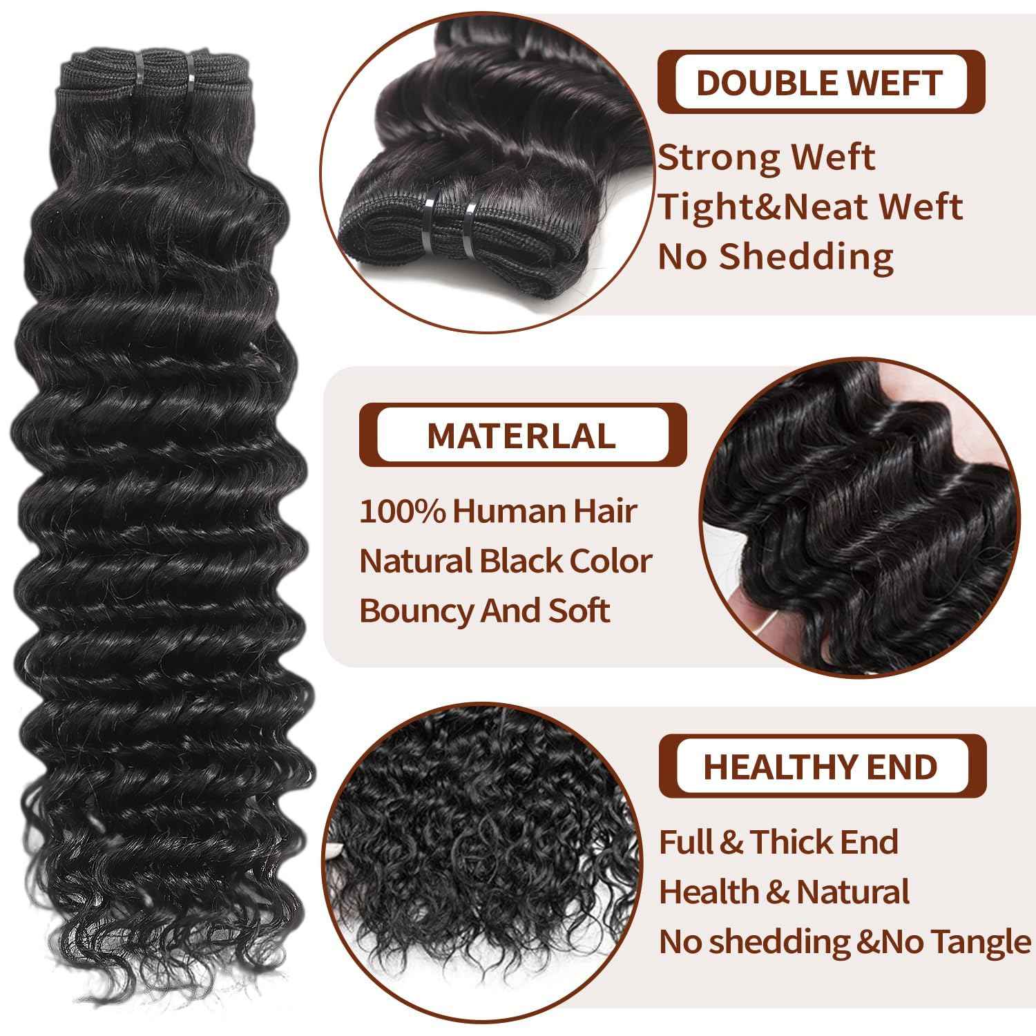 12A Deep Wave Bundles Human Hair 12 14 16 Inch Deep Wave Bundles 100% Unprocessed Brazilian Virgin Wet and Wavy Human Hair 3 Bundles Quick Weave Bundle for Women