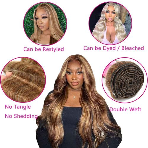 Brown Highlight Ombre Human Hair Bundles Body Wave Bundles 100% Unprocessed Brazilian Virgin Hair Honey Blonde Highlight Body Wave 3 Bundles Double Weft Extensions