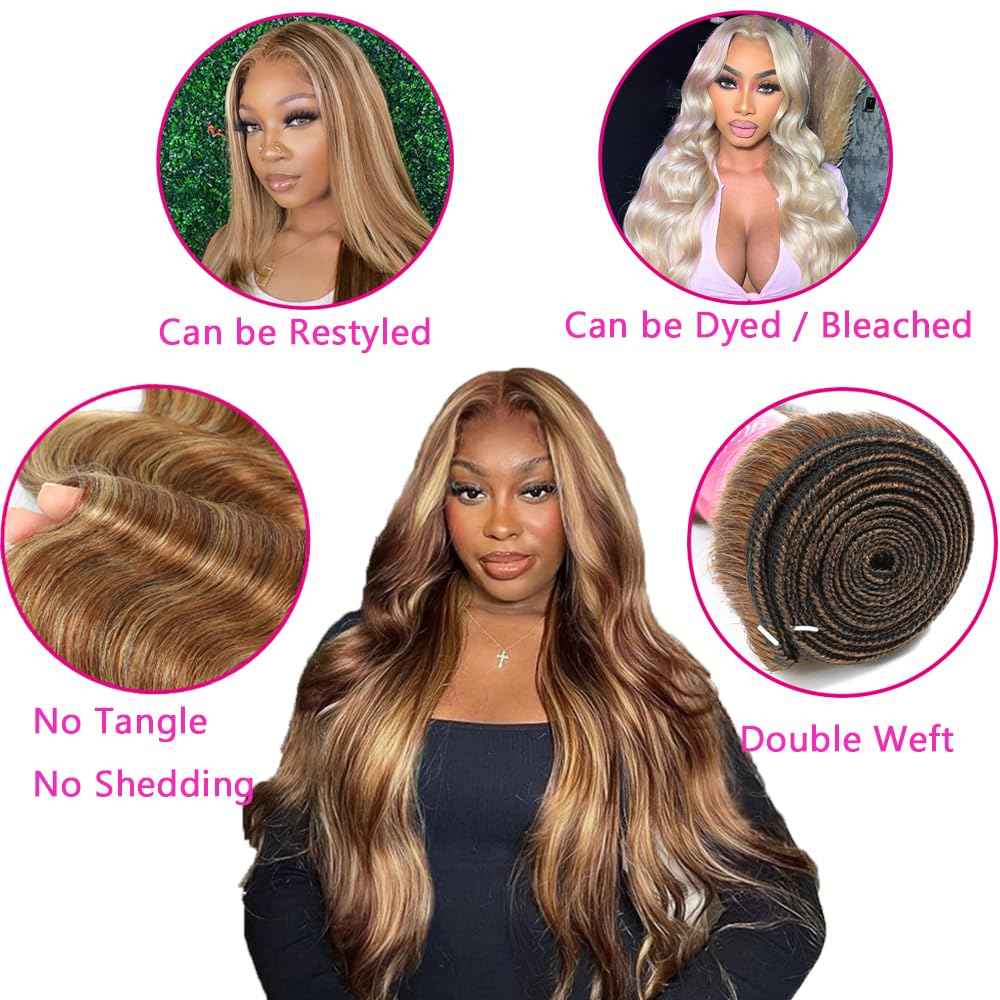 Honey Blonde Highlight Body Wave Bundles Human Hair 100% Unprocessed Brazilian Virgin Hair Ombre Brown Body Wave Bundles Human Hair Extensions Piano Color