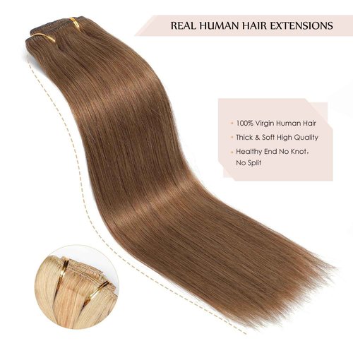 Sisily Clip in Hair Extensions Real Human Hair, 20 inch 160g, Medium Light Brown, 100% Brazilian Remy Human Hair Clip in Extensions Soft Straight 7pcs Per Set with 16 Clips Double Weft