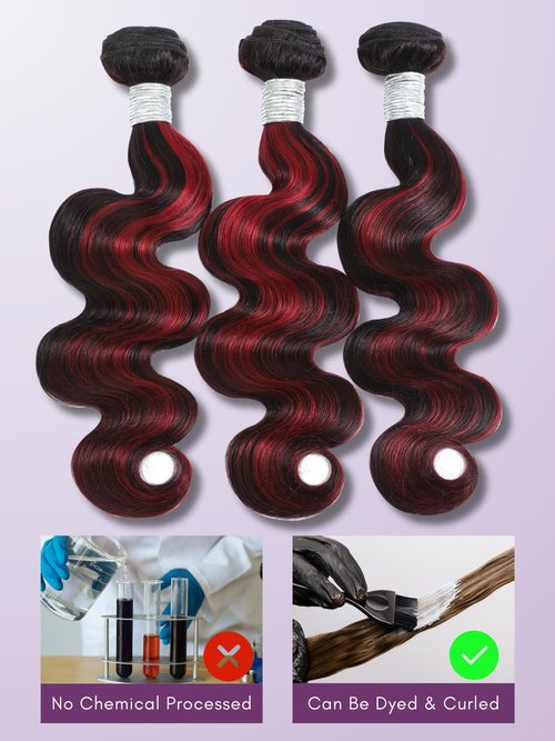 AUROO 99J Burgundy Highlight Body Wave Single Bundles 24 inch, 12A 100% Virgin Burgundy and Black Colored Human Hair Single Bundles Thick Track Ombre Red 99J Brazilian Quick Wavy Weaves Sew In Remy