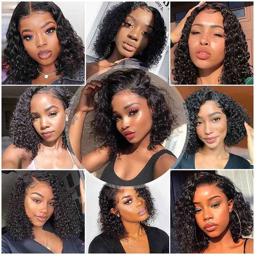 Nakkia 13x6 Bob Wig Deep Wave Lace Front Wigs Human Hair 13x6 Lace Frontal Wigs 180% Density Curly Bob Wig Human Hair Pre Plucked for Women Natural Black 16Inch