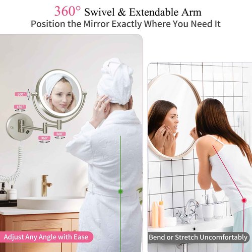 Wall Mounted Makeup Mirror with Lights, 30X/1X Double-Sided Magnifying, Plug-in Lighted Vanity Mirror with 3 Color Modes, Dimmable Brightness, 360° Swivel Extendable Arm for Bathroom & Grooming