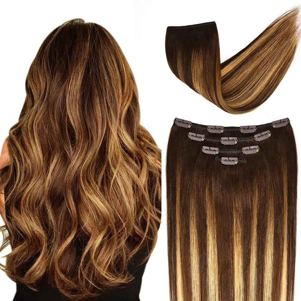 22" Hair Extensions Clip in Human Hair for Women - Silky Straight Chocolate Brown to Honey Blonde Highlight Brown Ombre Hair 90grams 4pieces #(4T27) P4 Color
