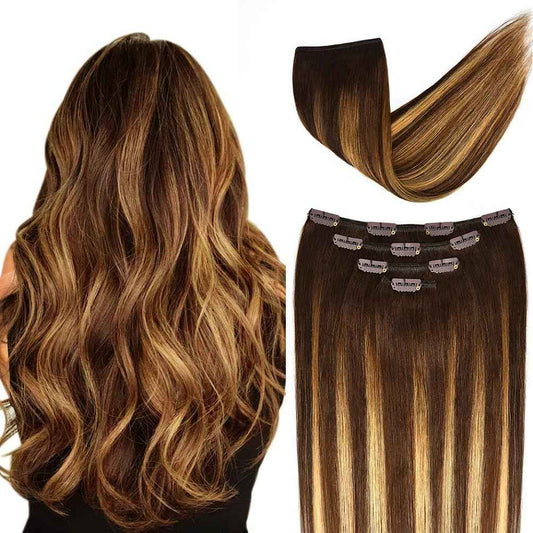 22" Hair Extensions Clip in Human Hair for Women - Silky Straight Chocolate Brown to Honey Blonde Highlight Brown Ombre Hair 90grams 4pieces #(4T27) P4 Color