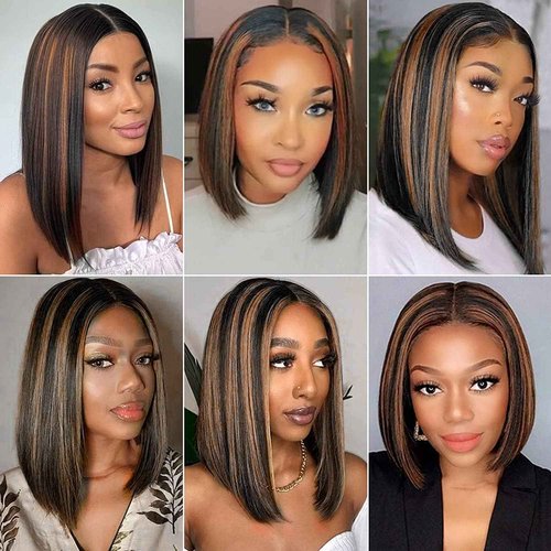 SUPERLOOK FB30 Ombre Bob Wig Human Hair Real 210% Density Ready to Go Glueless Wig 12a Straight Highlight Bob Wigs Human Hair Pre Cut Lace Pre Bleached Tiny Knots (12inch, 13x4 FB30 Bob)