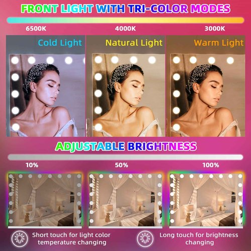 VANITII Vanity Mirror with RGB Lights 32"x23" Hollywood Makeup Mirror with 18 Dimmable Bulbs Lighted Vanity Mirror with Smart Touch for Bedroom Dressing Room