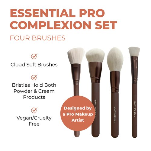 Beauty For Real Essential Pro Complexion Brush Set - Includes 4 Brushes: Blush/Contour, Complexion, Powder & Concealer - Vegan & Cruelty Free