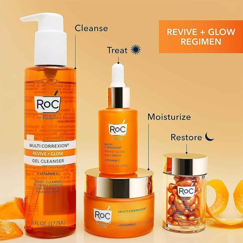 RoC Multi Correxion Revive + Glow 10% Vitamin C Skin Care Set: Vitamin C Serum, Face Moisturizer, Gel Facial Cleanser, Stocking Stuffers for Men & Women