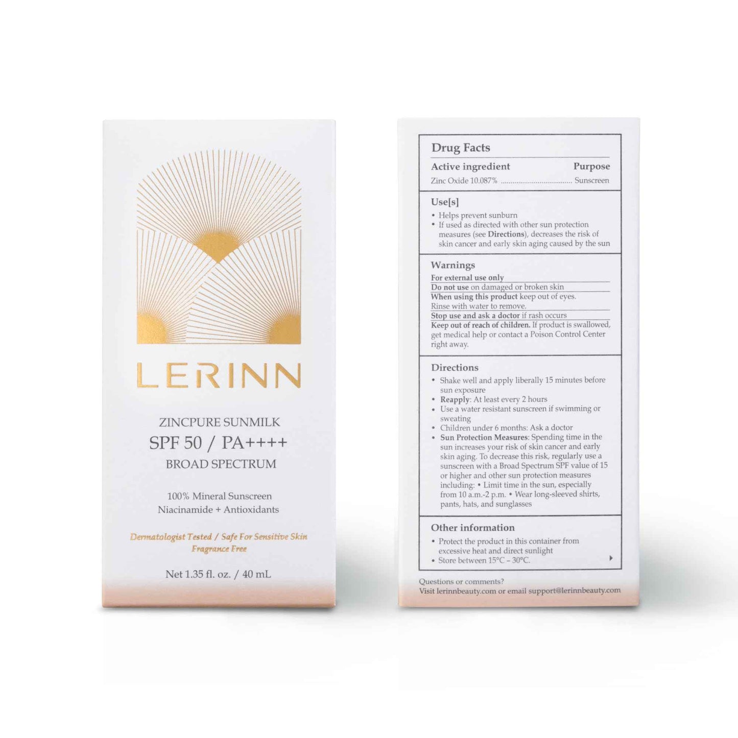 Lerinn ZincPure Sunmilk SPF 50 PA++++, 100% Mineral Zinc Oxide Face Sunscreen, Broad Spectrum UVA/UVB, Lightweight, No White Cast, Fragrance-Free Daily Moisturizer for Sensitive Skin (40 ml)