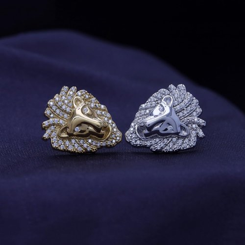 Lion Head Stud Earrings for Men in 14K White Gold Plated 925 Sterling Silver with White Cubic Zirconia Animal Face Men’s Jewelry Gift for Him, Push-Back