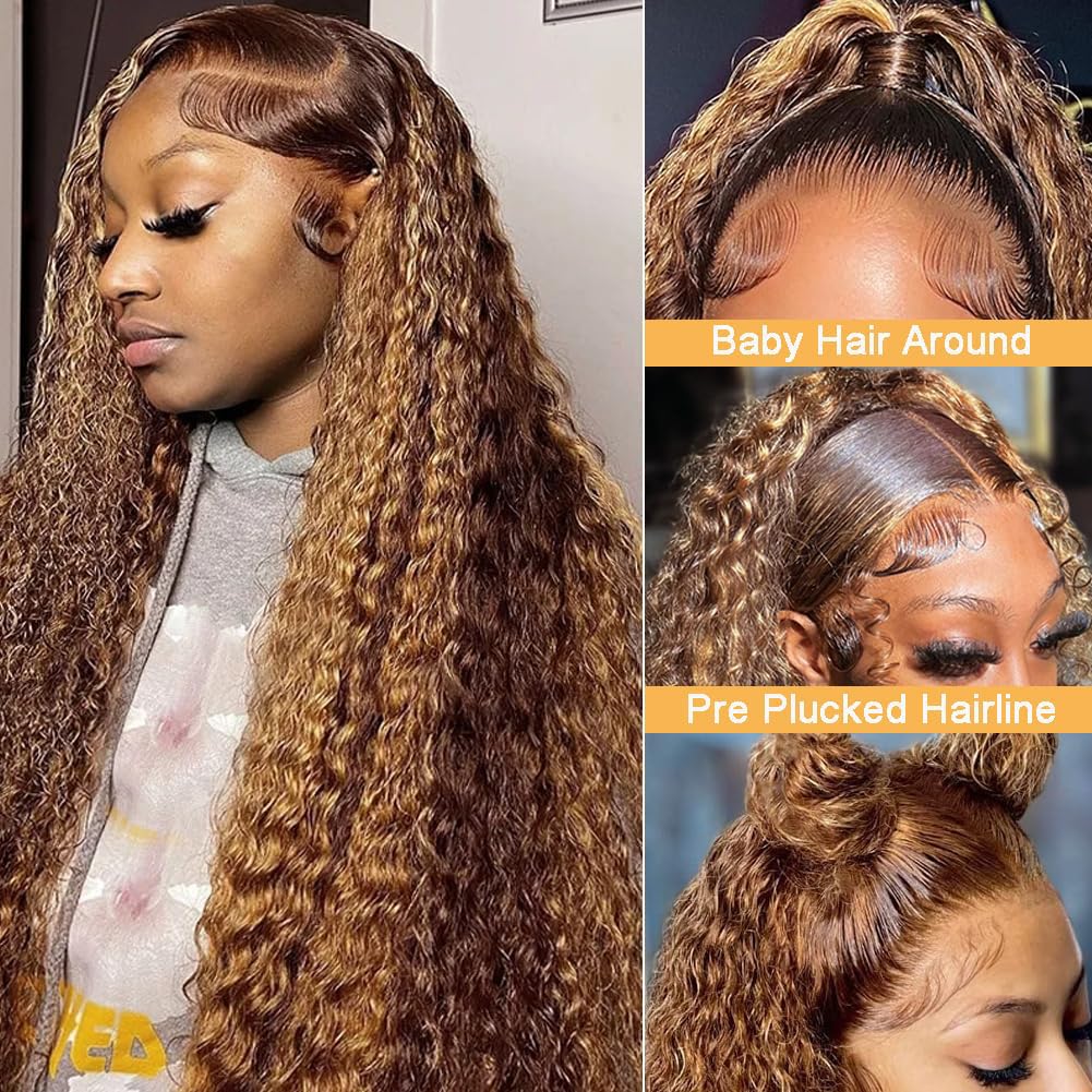 13x6 Highlight Lace Front Wig Ombre Deep Wave Lace Front Wig Pre Plucked With Baby Hair 180% Density Honey Blonde Curly Human Hair Glueless Wigs for Women (24 inch)