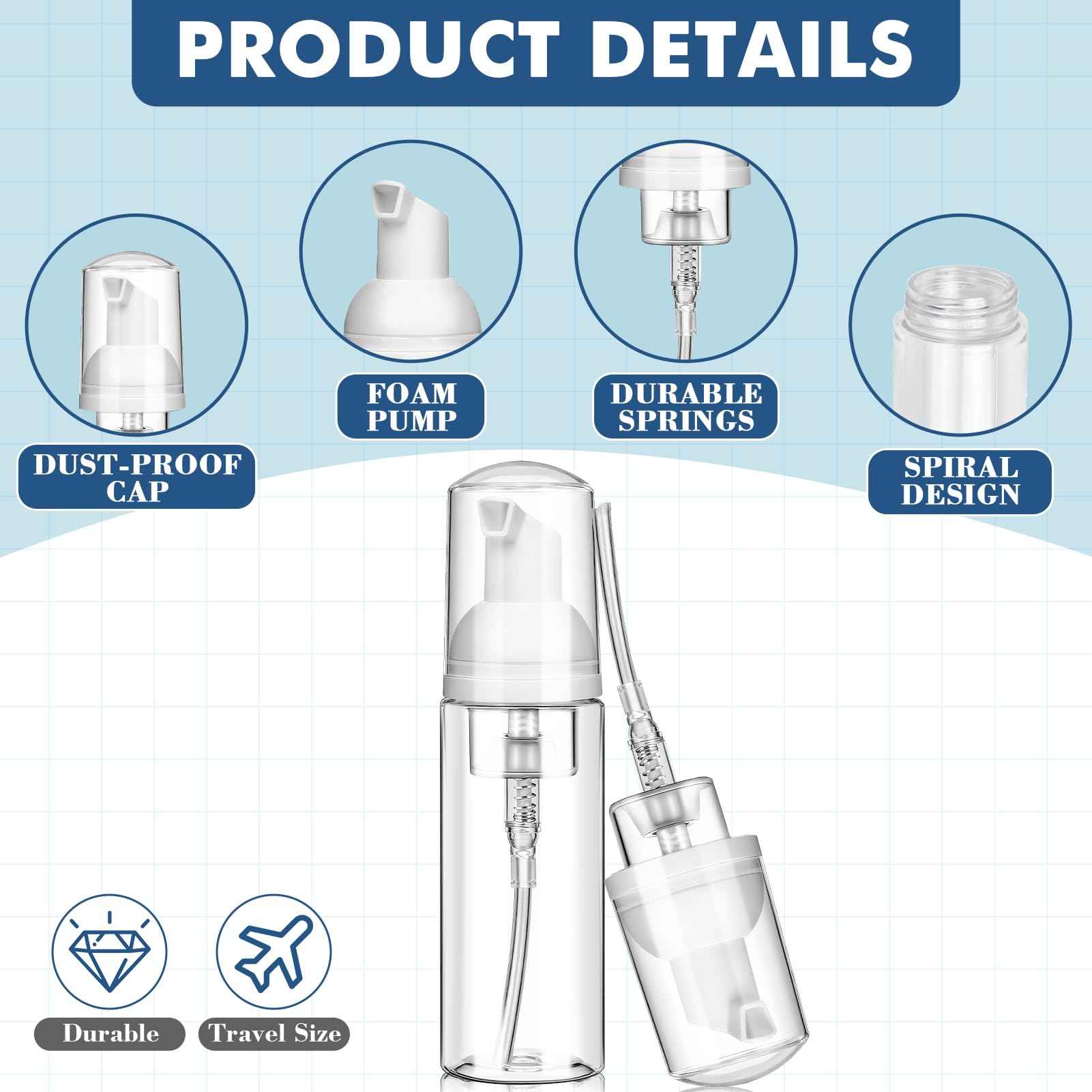 100 Pcs 2 oz Plastic Foam Pump Bottle Refillable 60ml Travel Mousse Foaming Soap Dispenser Mini Eyelash Cleaning Foam Bottle Dispenser for Face Wash Lash Shampoo Skin Care