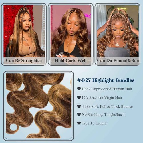 ALHER #P4/27 Honey Blonde Highlight Bundle 30 Inch Body Wave, 12A 100% Brazilian Remy Real Human Hair Piano Color Highlight Brown Balayage Ombre Colored Thick Single Bundle Wavy For Black Women
