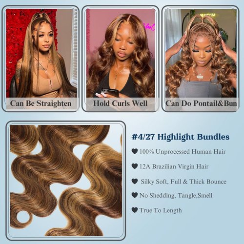 ALHER 4/27 Honey Blonde Highlight Body Wave Closure 13x4 Lace Frontal Human Hair Ombre Colored Wavy 12A Virgin Remy Hair Undetectable Transparent Melt Ear to Ear Lace Frontal Closure 20 Inch