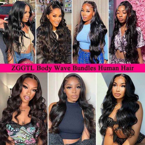 ZGGTL Body Wave Bundles with Closure Human Hair 16-20+2x6 HD Lace Closure 14Inch Brazilian 100% Human Hair Quick Weave Wavy Curly for Women Natural Black